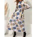 Cottagecore Flower Print Sash Lettuce  Edge Long Sleeve Maxi Dress