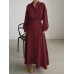 Solid Belt Long Sleeve Loose Button Down Shirt Dress