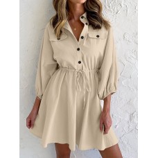 Solid Drawstring Button Lapel 3 4 Sleeve Shirt Dress