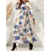 Cottagecore Flower Print Sash Lettuce  Edge Long Sleeve Maxi Dress