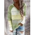 Women Autumn Stripe Print V  neck Hooded Daily Casual Knitted Sweater