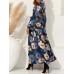 Cottagecore Flower Print Sash Lettuce  Edge Long Sleeve Maxi Dress