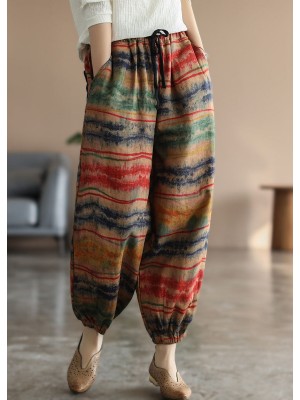 Vintage Colorblock elastic waist Pockets Patchwork Print lantern Pants Spring