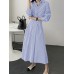 Stripe Print Lapel Long Sleeve Button Elastic Waist Shirt Dress